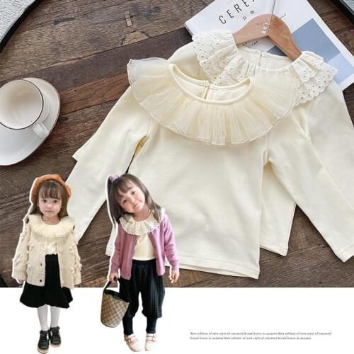 2020 Autumn New Baby Girls T-shirt Korean Long Sleeve Cotton Lace Collar and Net Yarn Collar Tshirt for Toddler Girl Kids Tops