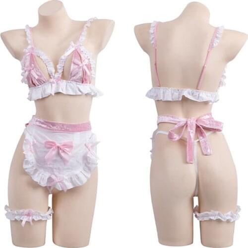 Wholesale Sexy Women Girls Lolita Maid Cosplay Costume Cute Pink Bowknot Ruffles Lingerie Set Bikini Pajamas Underwear Drop Ship