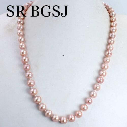 Free Shipping 8-9mm 3A White Pink Purple Round Natural Freshwater Pearl Knot Female Jewelry Necklace 18inch