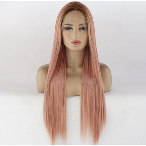 Ombre Dark Brown Roots Orange Pink Lace Wig Glueless Long Natural Silky Straight Middle Part Synthetic Lace Front Wigs For Women