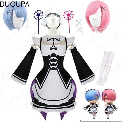 Ram/Rem Cosplay Re:zero Kara Hajimeru Isekai Seikatsu black blue red Costume Maid Servant Dress