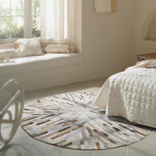 Luxury Cowhide Seamed Striped Round Rug , Round Shaped Real Cow Skin Patchwork Carpet for Living Room Bedroom Decoration Rug