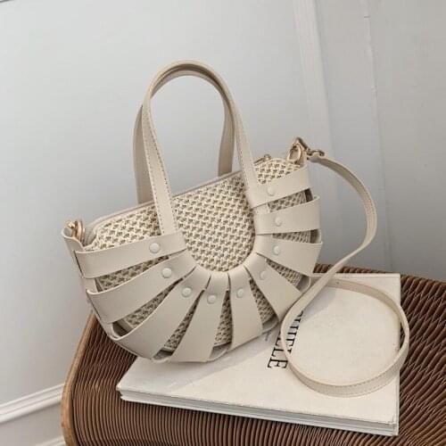 Straw womens bag 2021 new personality design semicircle stitching shoulder bag fashion portable lady messenger bag