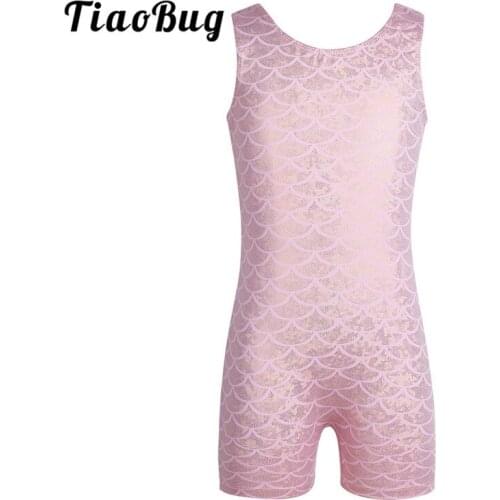 TiaoBug Kids Teens Glittery Scales Printed Ballet Gymnastics Leotard Workout Sports Bodysuit Children Girls Stage Dance Costume