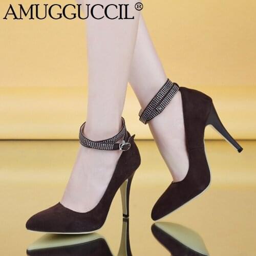 Plus Big Size 33-45 Brwon Black Wine-red Buckle Fashion Sexy High Heel Spring Females Lady Shoes Womens Pumps D1044