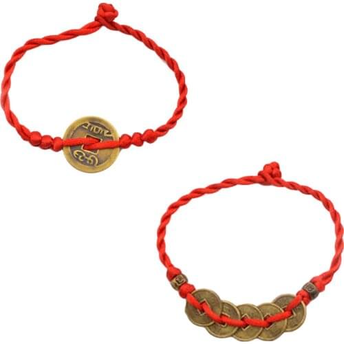 Lucky Copper Coin Bracelet Chinese Traditional Feng Shui Red String Bracelet Wealth Lucky Copper Coins Charm Pendant Red Rope
