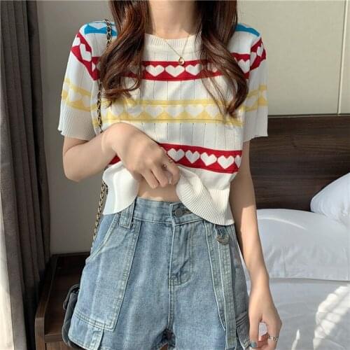 All-match loose love heart knit thin section short sleeve T-shirt women