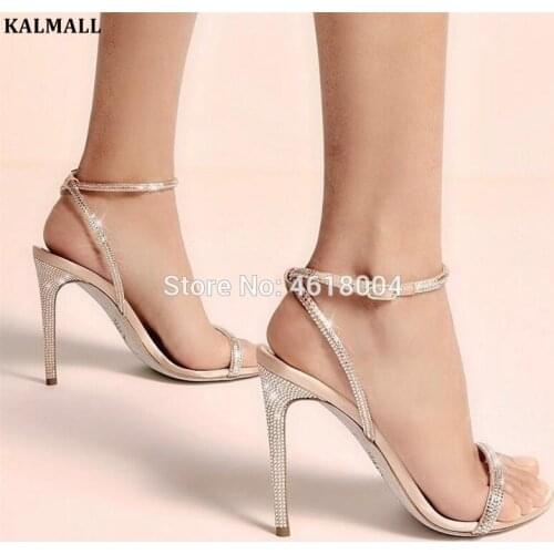 KALMALL Party Dress Crystal Sandals Women Gladiator Strap High Heels Open Toe Bling Sandalias Celebrity Heels 10 cm 8 cm Sandle