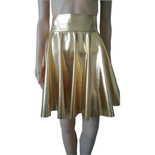 Womens Shiny Metallic gold Color Imitated Skirt Mini Skater Above Knee Skirts Evening Party Skirt