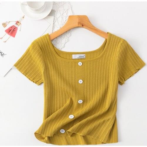 Thin ice silk Button T-shirt Women Summer Casual Short Sleeves Tops Women Knitted Cotton square collar Tee shirts Femme 2020 New