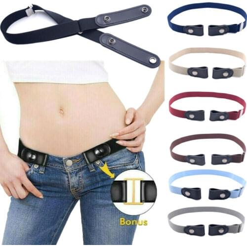Women PU Canvas Buckle-Free Elastic Belts Invisible Belt for Jeans No Bulge Hassle Band Fashion Adjustable Button Belt