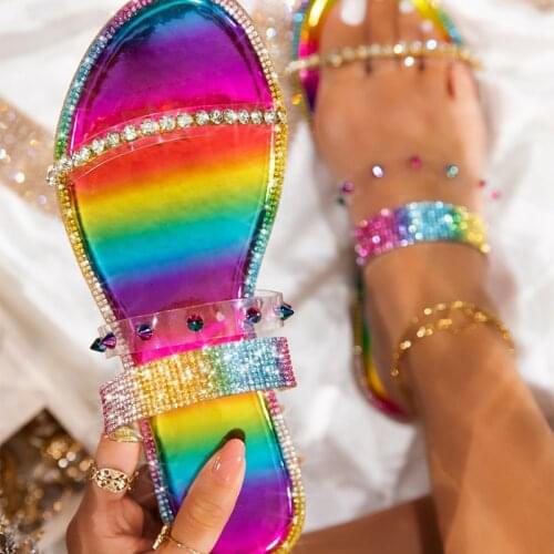 2021 Women Rainbow Crystal Rivet Slippers Ladies Snakeskin Transparent Flats Female Casual Mixed Color Beach Shoes Big Size