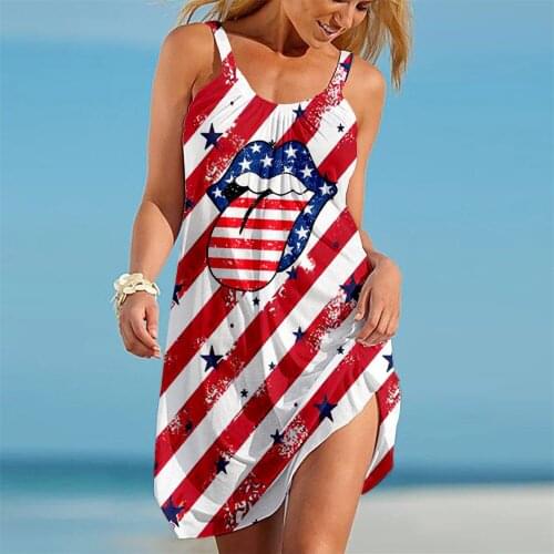 LONGTIME Stitching Striped Five-pointed Star Print Sexy Lips Fashion Ladies Summer Beach Dress