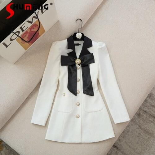 Bow Diamond Beaded High Waist Dress for Women 2021 Autumn New Fashion Solid Color Notched Long Sleeve Slimming Dress Female