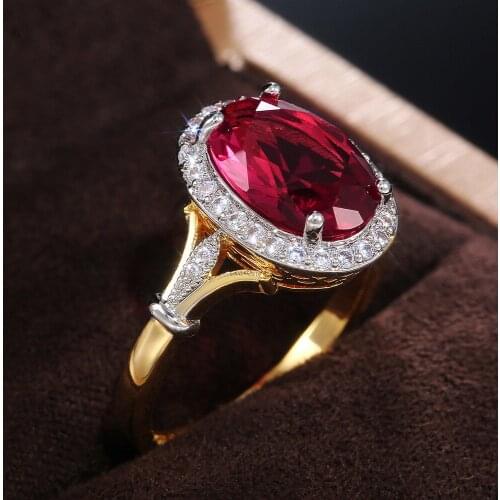 Female Luxury Red Oval Zircon Crystal Stone Ring Vintage Fashion Gold Color Wedding Rings For Women Cute Bride Engagement Ring