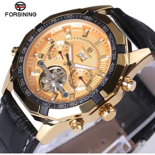 Forsining Famous Brand Watch 2018 New Luxury Men Automatic Watches Gold Case Dial Genuine Leather Strap Fashion Tourbillon Watch