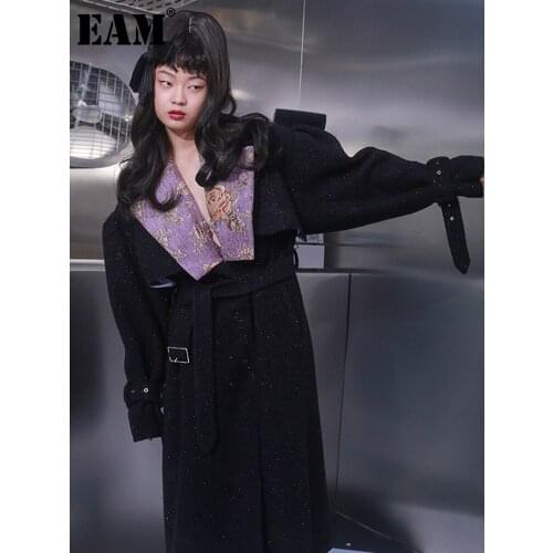 [EAM] Loose Fit Flower Pattern Jacquard Long Thick Jacket New Lapel Long Sleeve Women Coat Fashion Autumn Winter 2021 1DD3373