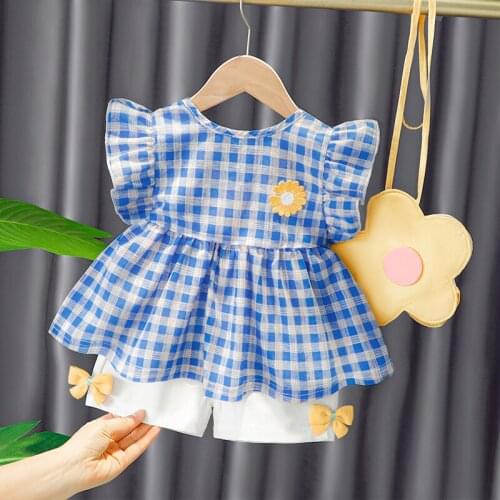 Childrens Clothing Girls Clothing Set 2021 Summer Vacation Style Casual Plaid Top + Shorts Set 2 Pieces