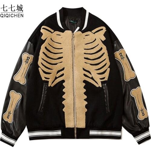 Furry Bone Patchwork Baseball Jackets Men Skeleton Hip Hop Streetwear College Bomber Jacket Mens Harajuku Bomber Coats Unisex