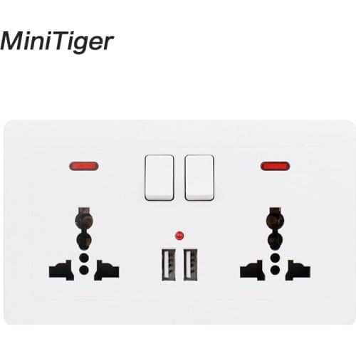 Minitiger Wall Power Socket 2 Gang Universal 3 Hole Switched Outlet With Neon 2.1A Dual USB Charger Port LED indicator 146mm*86m