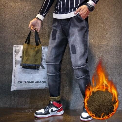 2020 Winter New Mens Warm Biker Jeans Classic Style Fashion Casual Black Blue Denim Thicken Trousers Male Brand Pants