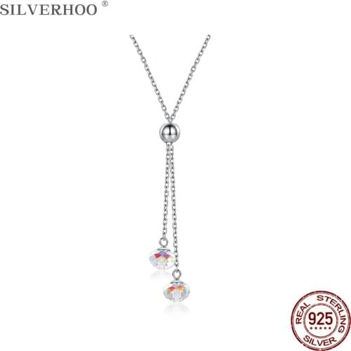 SILVERHOO 925 Sterling Silver Pendant Necklace For Women The White Circle Austria Crystal Necklace Party Fine Jewelry Trend 2020