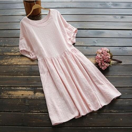 6504 new summer women literary simple solid color O-Neck short sleeve dress mori girl cotton loose casual midi dresses women