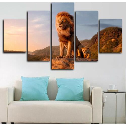 Lion and His Cub Animals King Poster 5 Panel Canvas Picture Print Wall Art Canvas Painting Wall Decor for Living Room No Framed