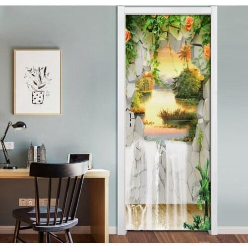 PVC Self-Adhesive Waterproof Door Wall Sticker 3D Flower Waterfall Wallpaper 3D Mural Living Room Study Home Decor Door Sticker
