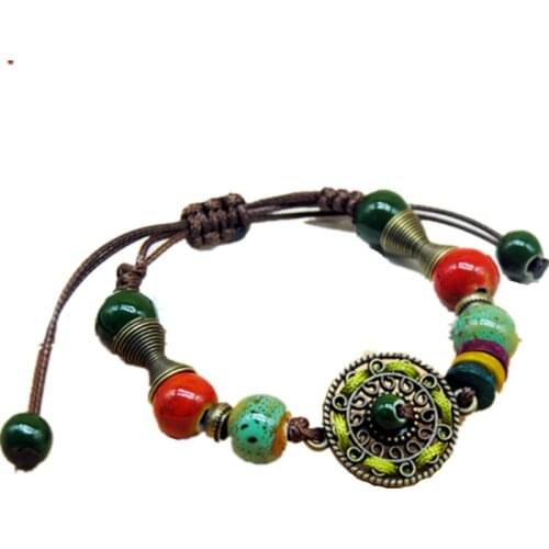 Retro ethnic style ceramic beads Handmade Woven Bangle adjustable Bracelet SZ191