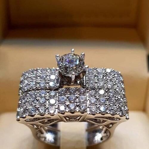 Luxury Female Crystal White Zircon Stone Ring Set Luxury 925 Silver Engagement Ring Vintage Bridal Wedding Rings For Women