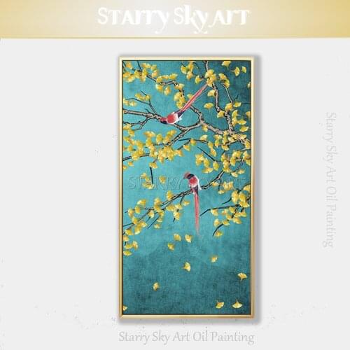Handmade Special Landscape Birds Stay on Tree Branches Oil Painting on Canvas Blue Background Trees and Birds Painting for Wall