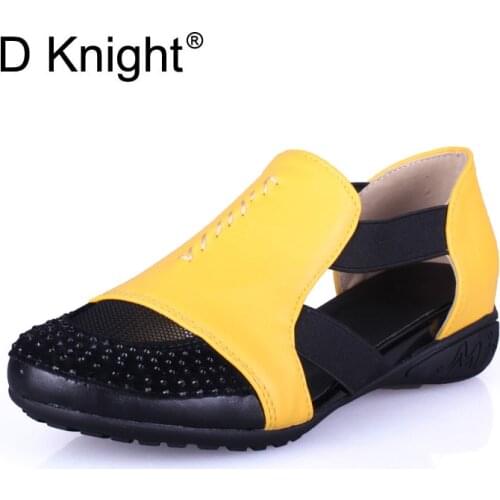 Fashion Rhinestone Cut-outs Gladiator Sandals Women Big Size 41 Lady Casual Yellow Flat Sandals Slip On Red Womens Summer Shoes