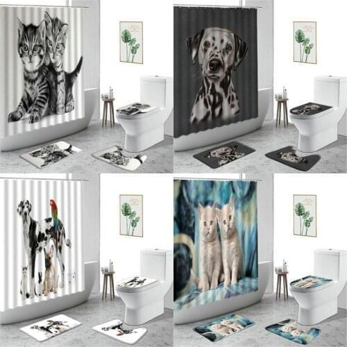 Cute Pet Cat Dog Shower Curtain Funny Animal Home Decoration Curtain Set Bathroom Non-Slip Carpet Bath Rug Toilet Cover Door Mat