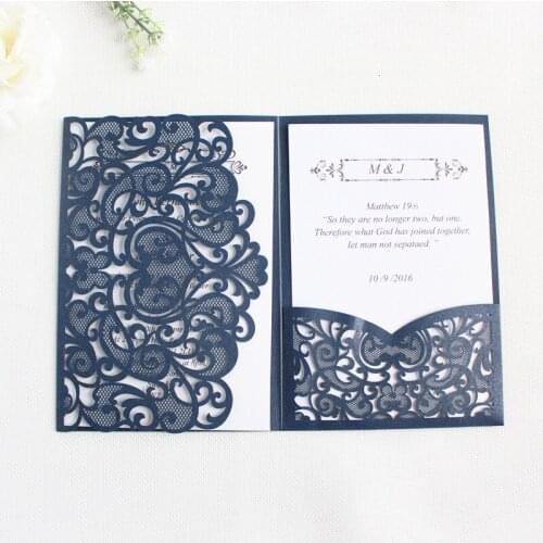 Navy blue laser cut elegant invitations pocket rose customized marriage baptism birthday kids invitation card tri-folded