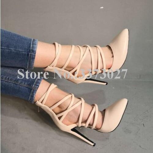 Ladies Nude Color Leather Cross-tie Pumps Fashion Thin Heel Pointed Toe Stiletto Heels Dress Shoes Woman Large Size Banquet Shoe