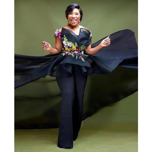 Plus Size Black African Evening Dresses Jumpsuit Elegant Aso Ebi Overskirt Prom Dress 2020 With Appliques Vintage Birthday Dress