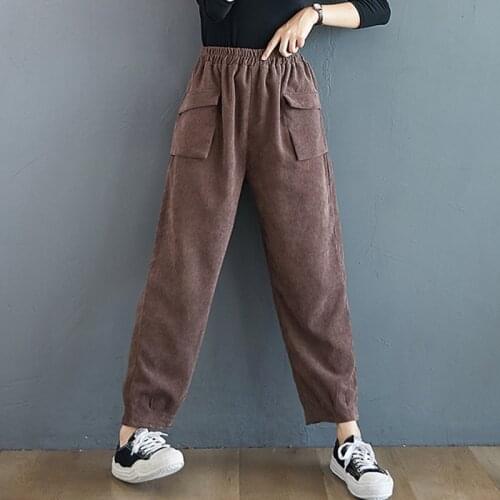 Women Corduroy Casual Pants New Arrival 2021 Autumn Vintage Style Solid Color Elastic High Waist Female Harem Pants B953
