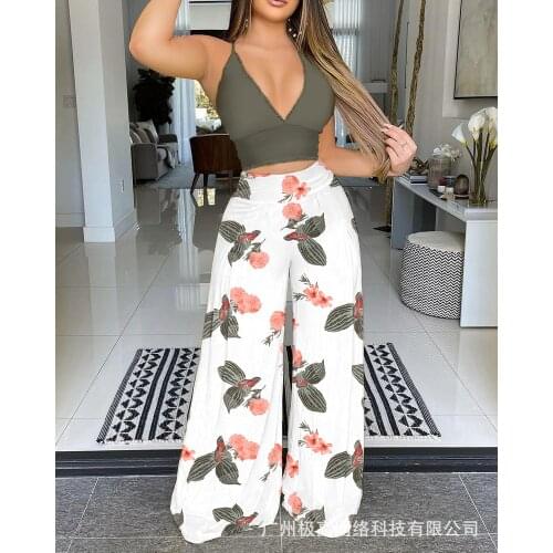 Womens 2021 new lace stitching sling top + wide leg pants two-piece suit