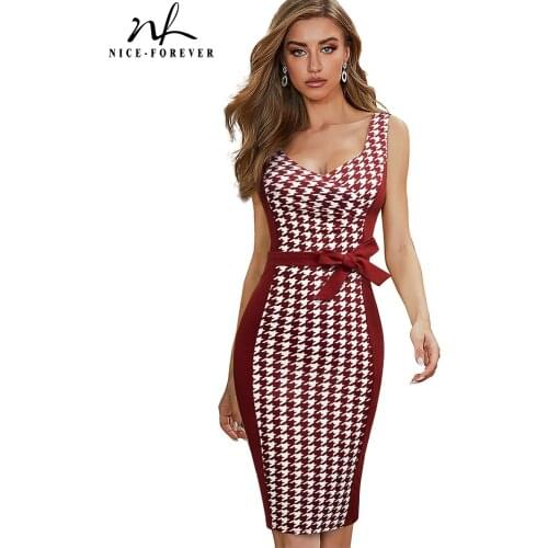 Nice-forever Summer Women Vinatge Contrast Color Patchwork Elegant Dresses Cocktail Party Bodycon Sheath Dress B657