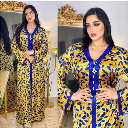 Ethnic Floral Maxi Dress Women 2021 New Dubai Turkey Arabic Moroccan Kaftan Muslim Long Sleeve Abaya Jalabiat Yellow HB474