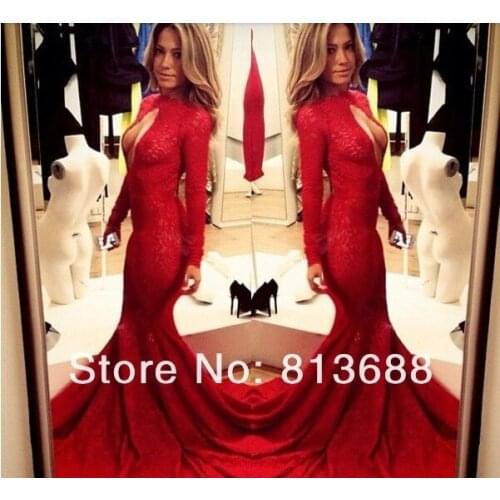 Free shipping robe de soiree 2016 new hot&sexy vestidos de festa highneck red long sleeve party gown lace mermaid evenng dress