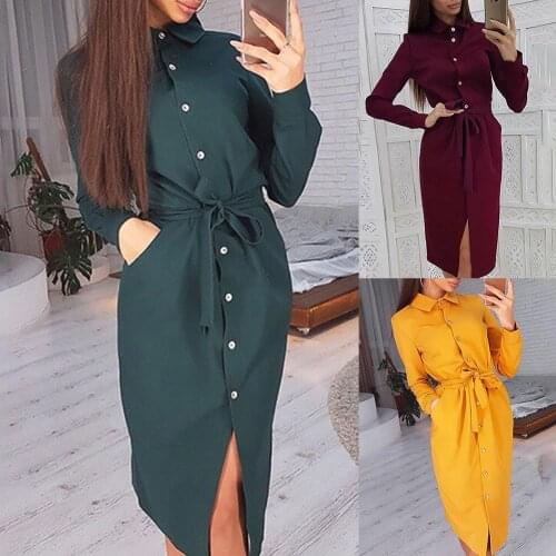 Women Solid Color Single-Breasted Button Long Sleeve Lapel Collar party dresses women evening Summer vestidos dresses for women