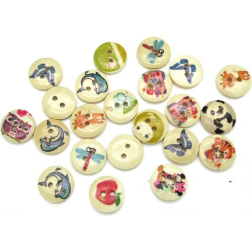 100pcs 15mm Mixed Round Animal Wooden Buttons For Clothes Crafts Sewing Decorative Needlework Scrapbooking DIY Accessories