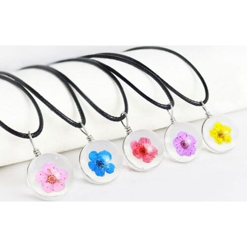 2019 Black Wax Rope Pendant Necklace Handmade Dried Flower Sakura Transparent Glass Statement Pendant Jewelry for Women Gift