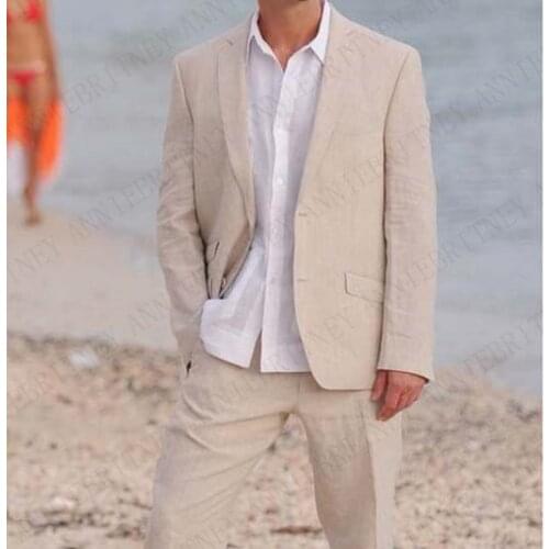 ANNIEBRITNEY Summer Champagne Linen Suits Men 2019 Party Wedding Beach Prom Groom Wear Tuxedo Tailored Blazer Pants Men Suit Set