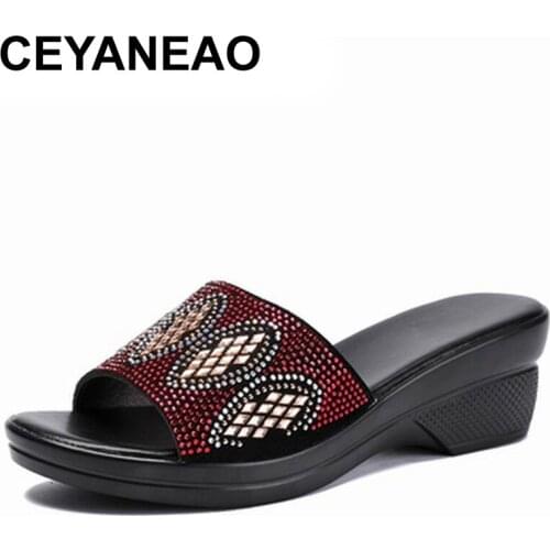 CEYANEAONew Mixed Color Rhinestone Shoes Woman Casual Summer Sandals Comfortable Slippers Fashion Shoes Genuine Leather Sandals