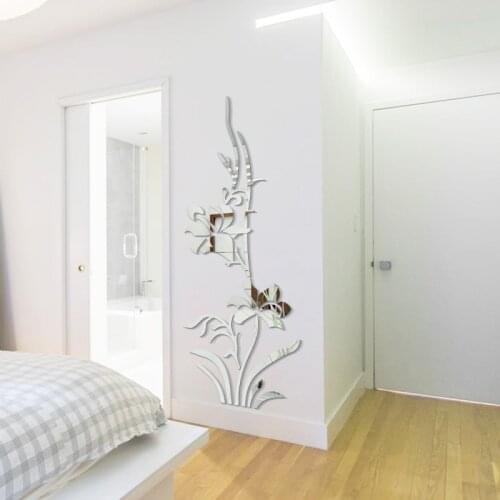 Flower Sticker Plant Pattern Mirror Effect Sticker Wall Decor Mirror Wall Sticker Home Decor Living Room Wall Decals