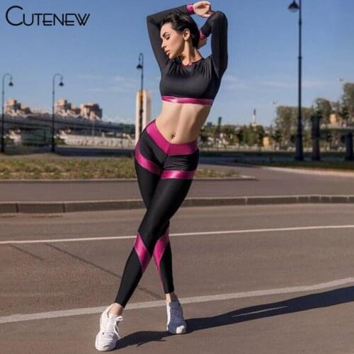 Cutenew Summer Yoga Workout Women Clothes Two Piece Siut O-Neck Long Sleeve Crop Tops And Leggings Stretch Comfortable Lady Sets
