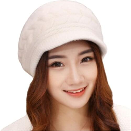 Korean version of autumn and winter knitted woolen hat, thick rabbit fur cap, ladies double-layer warm beret, casual fashion ear